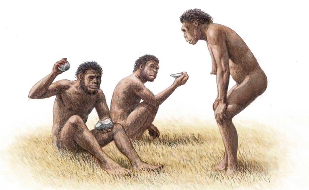 Homínidos, tallando una piedra de sílex 