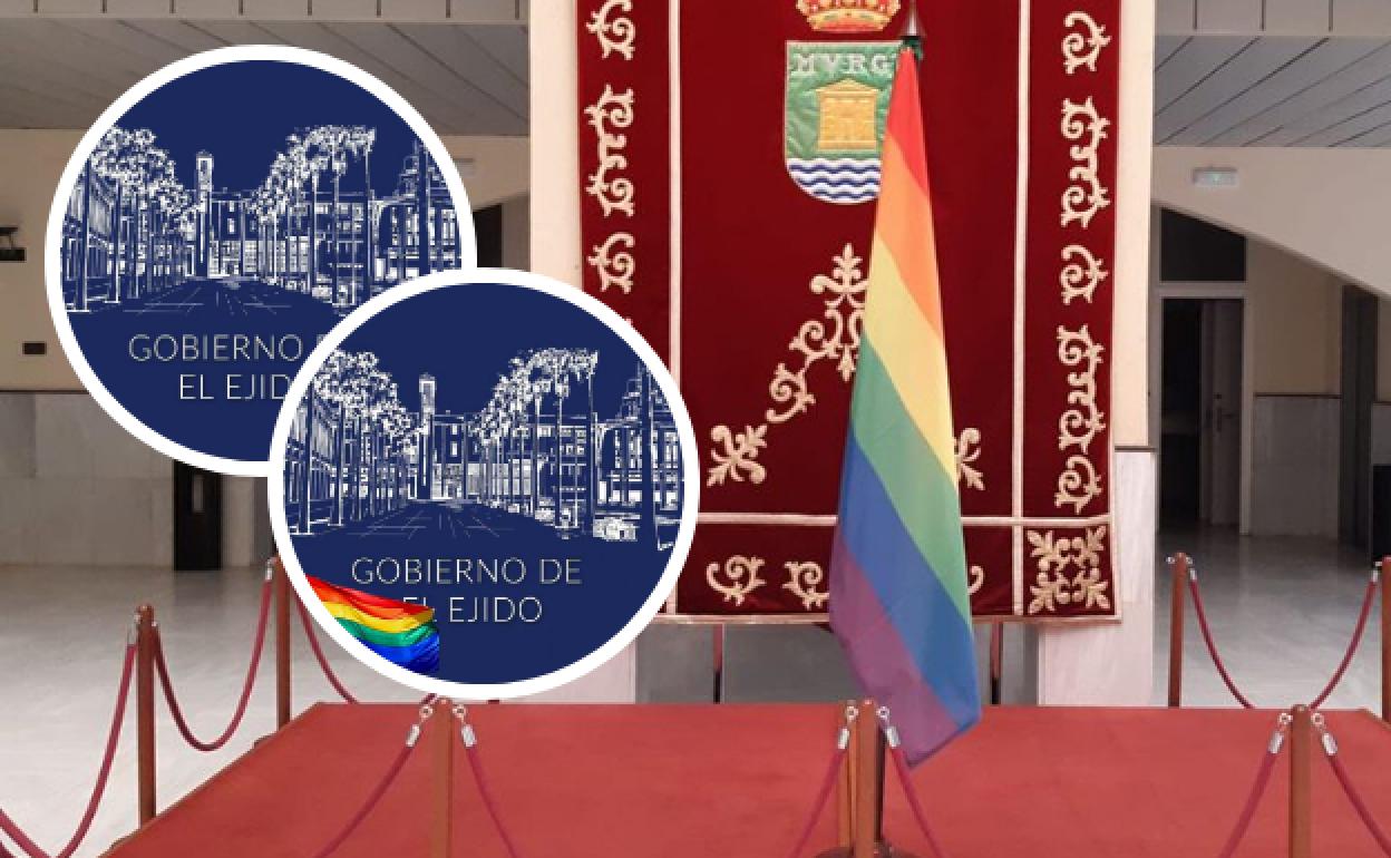 Logos empleados por el Ayuntamiento de El Ejido durante la jornada de hoy. A la derecha, la bandera LGTBI en el interior del patio de luces del Consistorio.