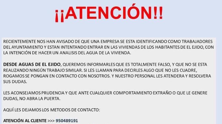 Aguas de El Ejido alerta de intentos de robo haciéndose pasar por personal municipal