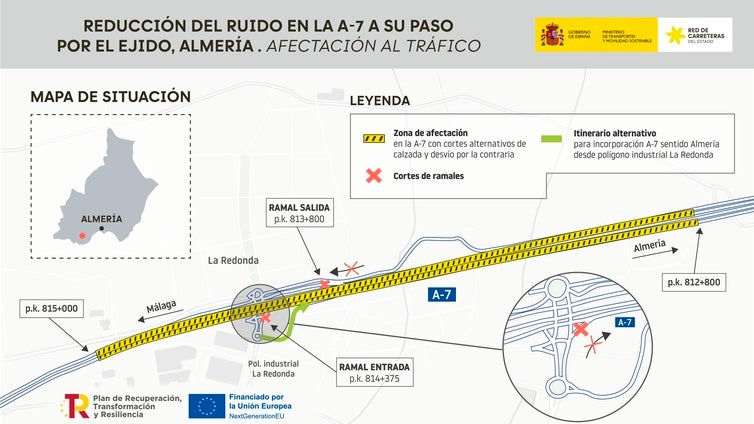 Incidencias de tráfico en la A-7 desde el lunes por las obras contra el ruido que se llevan a cabo en El Ejido