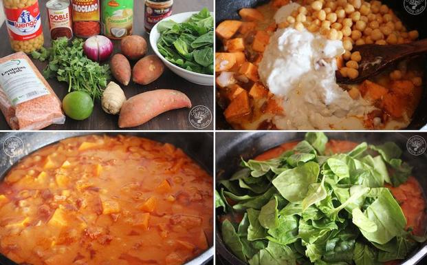 Receta paso a paso de curry vegetal con babatas y espincas. 