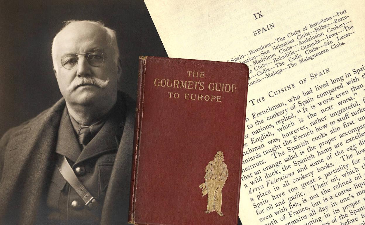 Retrato de Newnham-Davis en 1916 y detalles de su obra 'Guía del gourmet por Europa' (1903). 