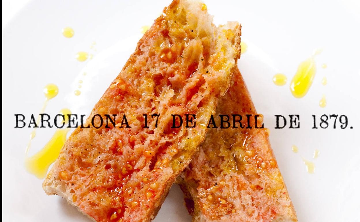 Fotomontaje de unas rebanadas de pan con aceite y tomate y la fecha de la primera mención al manjar.