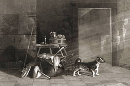 Grabado inglés con un perro turnspit.