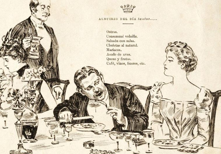 Grabado de finales del siglo XIX y propuesta de menú de José Castro Serrano.