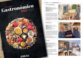 Detalle de la portada en primer plano, y contenido de las páginas interiores del suplemento del Anuario Gastronómico 2023 de la provincia de Granada.