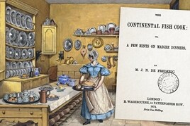 Portada de la primera edición 'The Continental Fish Cook' y estampa de cocina.