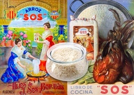 Cartel publicitario y portada del recetario (1935) de arroz SOS, ambos obra de Salvador Brú 'Vorín'