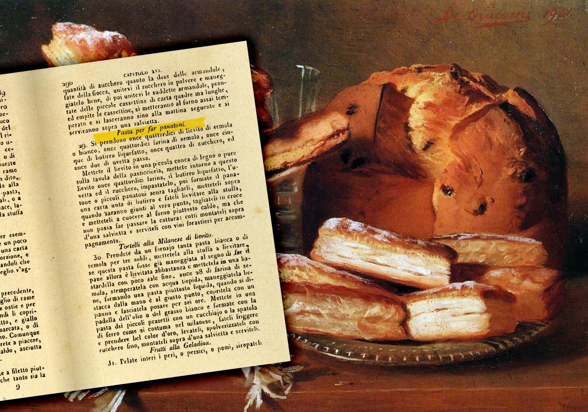 Receta para hacer «panatoni» del 'Nuevo cuoco milanese' (1853) y bodegóńde Eugenio de Giacomi.