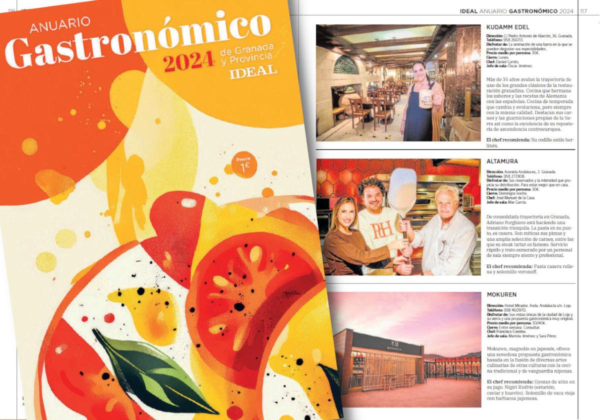 Detalle de la portada en primer plano, y contenido de las páginas interiores del suplemento del Anuario Gastronómico 2024 de la provincia de Granada.