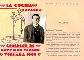 Portada y páginas de 'La cocina navarra' (1930) con retrato de Francisco Javier Arraiza.