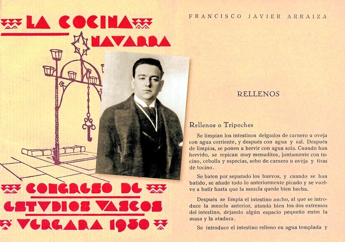 Portada y páginas de 'La cocina navarra' (1930) con retrato de Francisco Javier Arraiza.