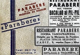 Tarjeta publicitaria del restaurante Parabere y anuncios de prensa del negocio entre 1936 y 1941.