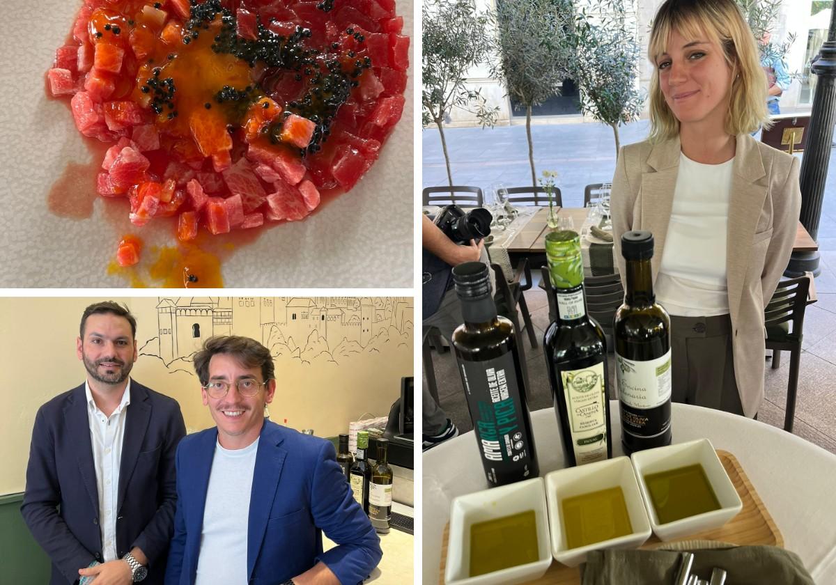 Plato de atún, los propietarios Alejandro Aguado y Serafín Morales y degustación de aceites en el restaurante Picual.