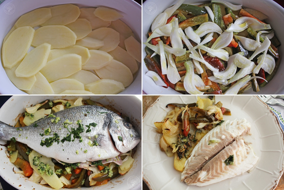 Dorada al horno con patatas y otras verduras
