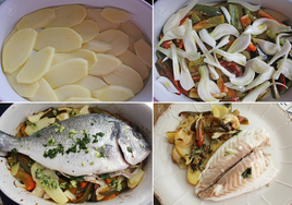 Dorada al horno con patatas y otras verduras