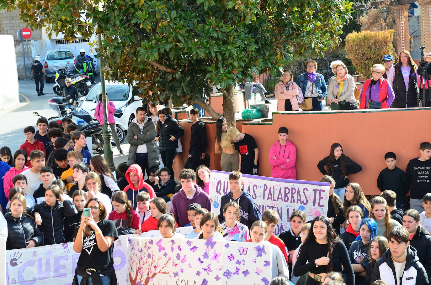 El alumnado del IES Los Neveros, hoy frente al Ayuntamiento de Huétor Vega.