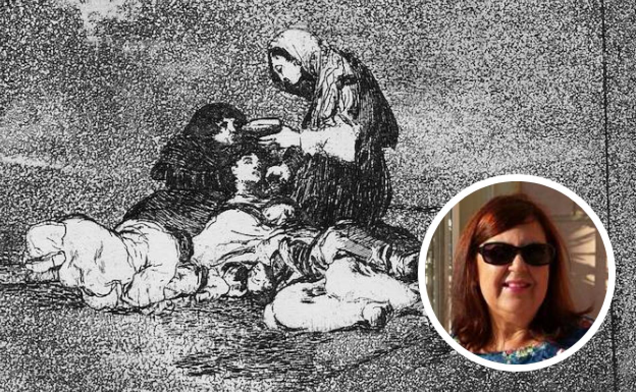 Una de las láminas de Goya perteneciente a la serie 'Los desastres de la guerra' desaparecida en Carboneras y, en detalle, la acusada.