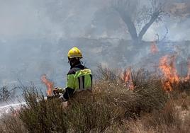 Un bombero del Levante durante las tareas para controlar el incendio.