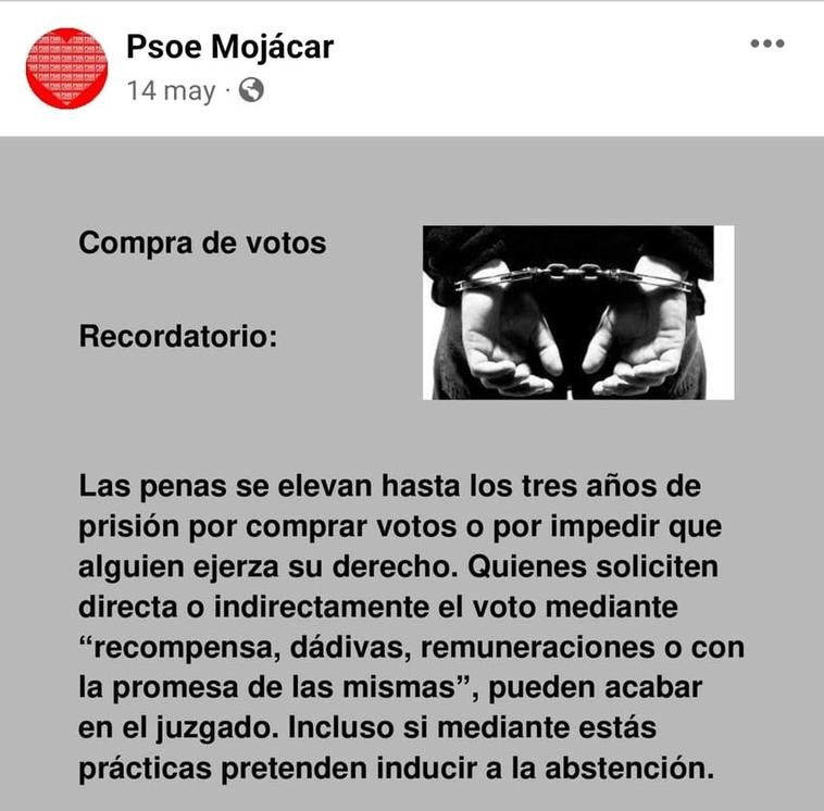 El PSOE de Mojácar advirtió en sus redes que la compra de votos está penada con cárcel