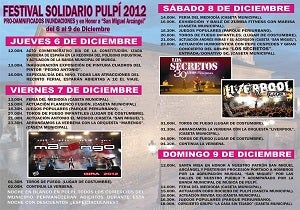 Pulpí presenta el “FESTIVAL SOLIDARIO PULPÍ 2.012”, que se celebrará los días 6, 7, 8 y 9 de Diciembre, Pro-damnificados de las Inundaciones y en honor de su Patrón San Miguel Arcángel
