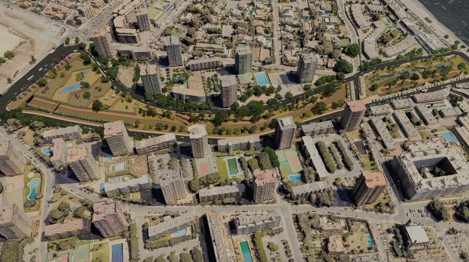 Vista panorámica de cómo quedaría la remodelación y renaturalización de la futura Rambla de San Antonio en Roquetas de Mar.