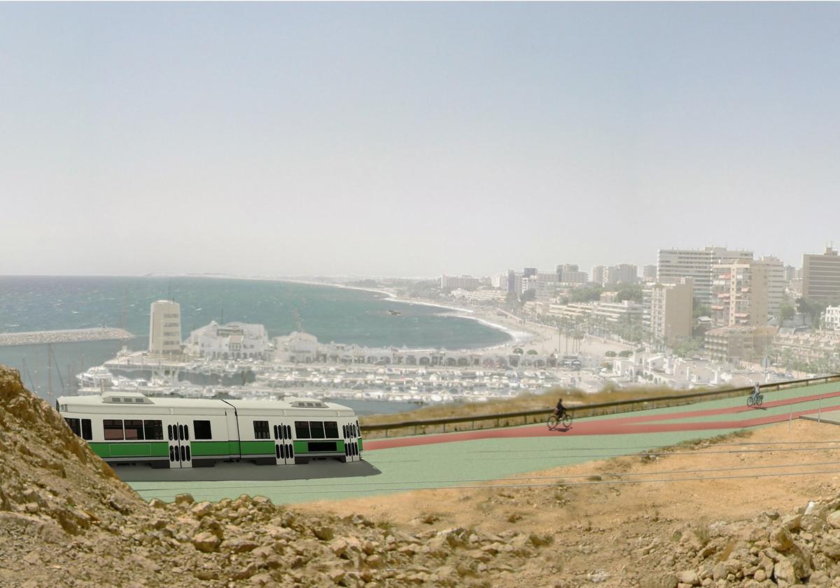 Uno de los bocetos realizados por el arquitecto José María Martínez en los que se muestra un tren-tranvía en el que se ve el Puerto Deportivo de Aguadulce.