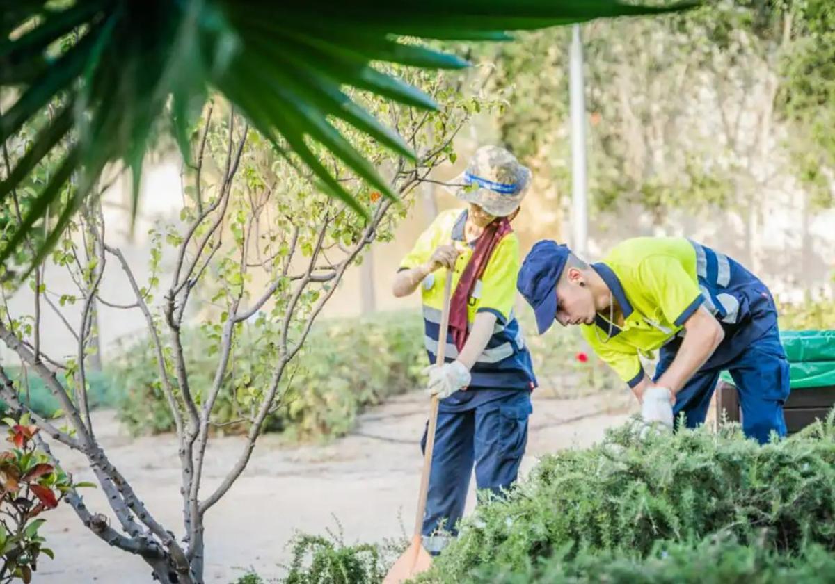 Dos operarios de jardines se encargan de revisar parques y jardines del municipio roquetero.