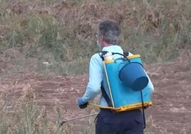 Una de los trabajadores que se encarga de fumigar en Roquetas.