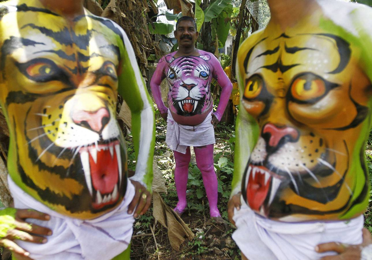 Los bailarines pintados como tigres esperan para participar en las festividades que marcan el final de la fiesta de la cosecha anual de Onam en la ciudad de Trichur en el estado meridional indio de Kerala.