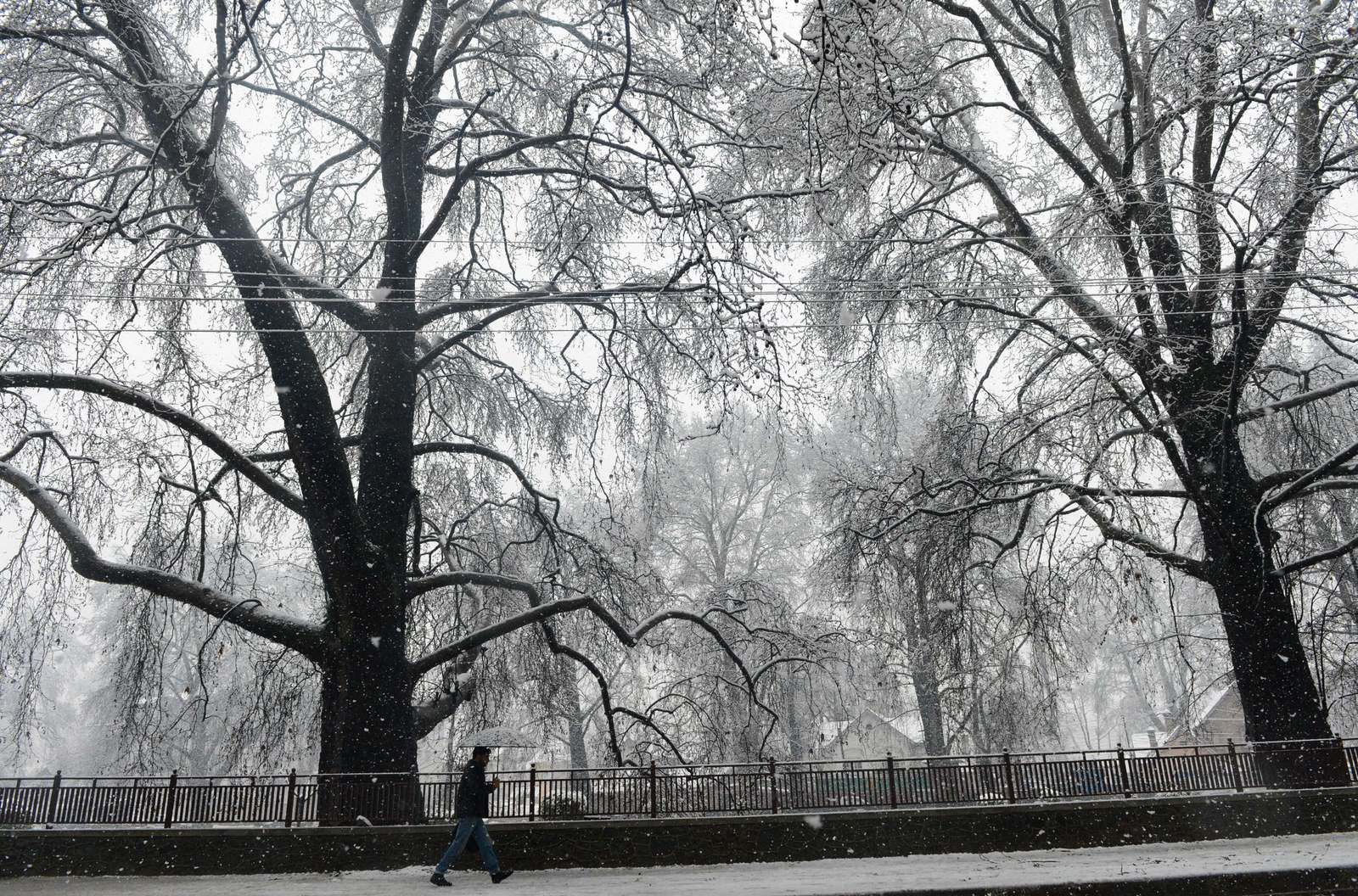 Un residente de Cachemira camina por una calle durante una fuerte nevada en Srinagar.