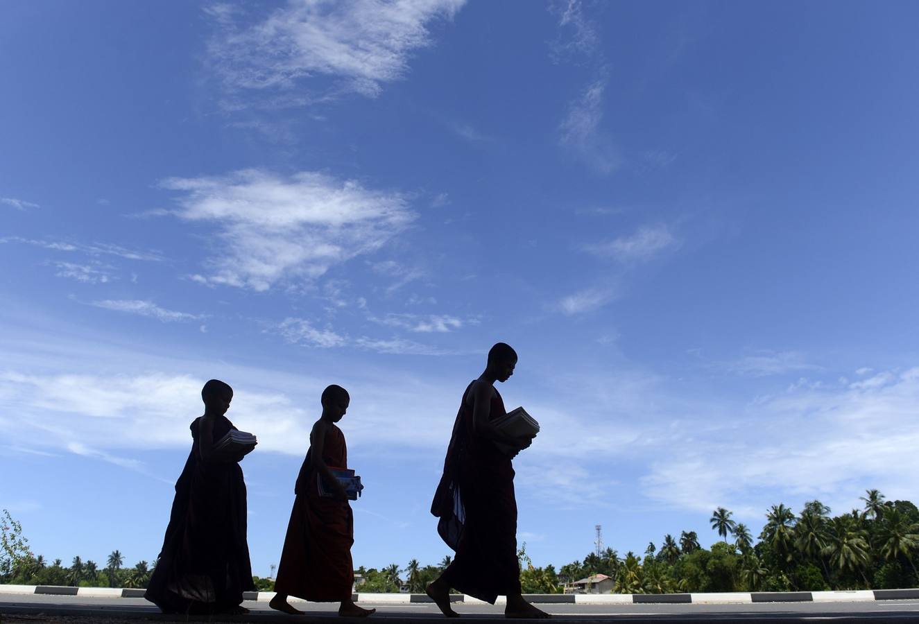 Los monjes budistas de Sri Lanka a pie a lo largo de una carretera en Piliyandala, un suburbio de Colombo, el 1 de junio de 2015. Sri Lanka, un país de mayoría budista, celebrará el aniversario de la difusión del budismo desde la vecina India.