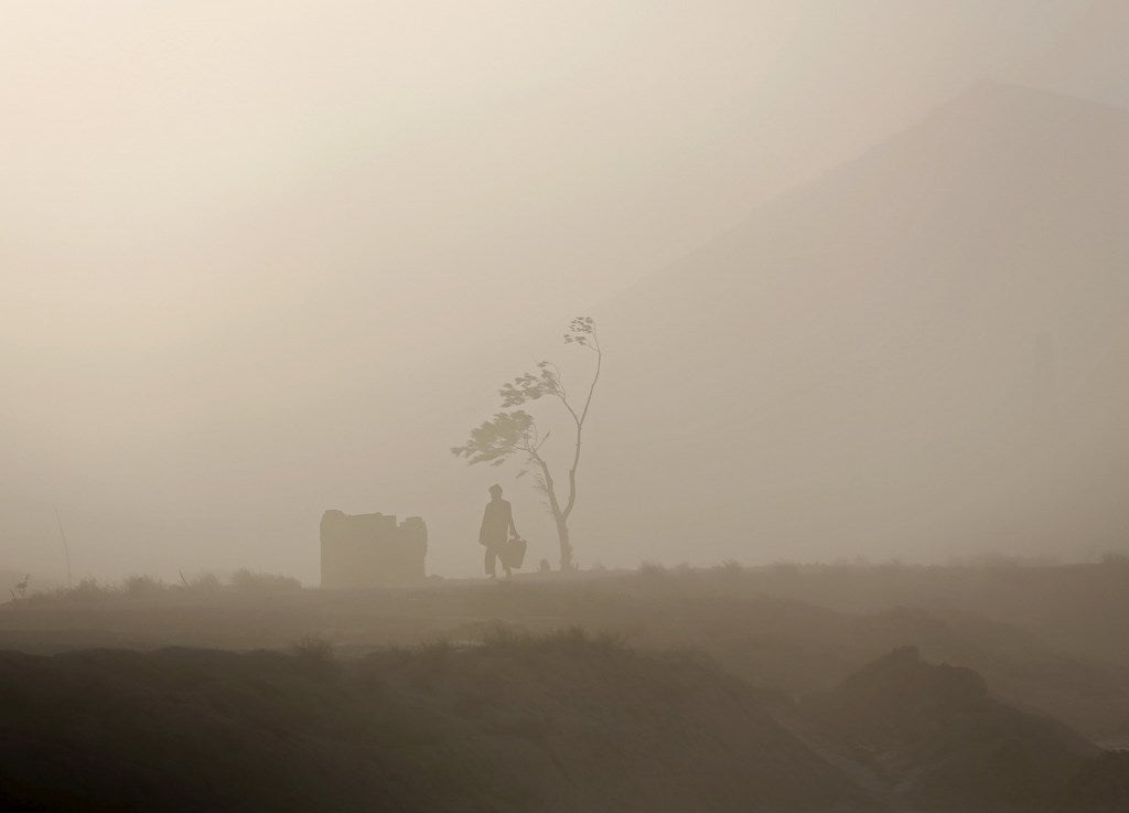 Un hombre camina junto a un árbol durante una tormenta de polvo en Kabul, Afganistán.