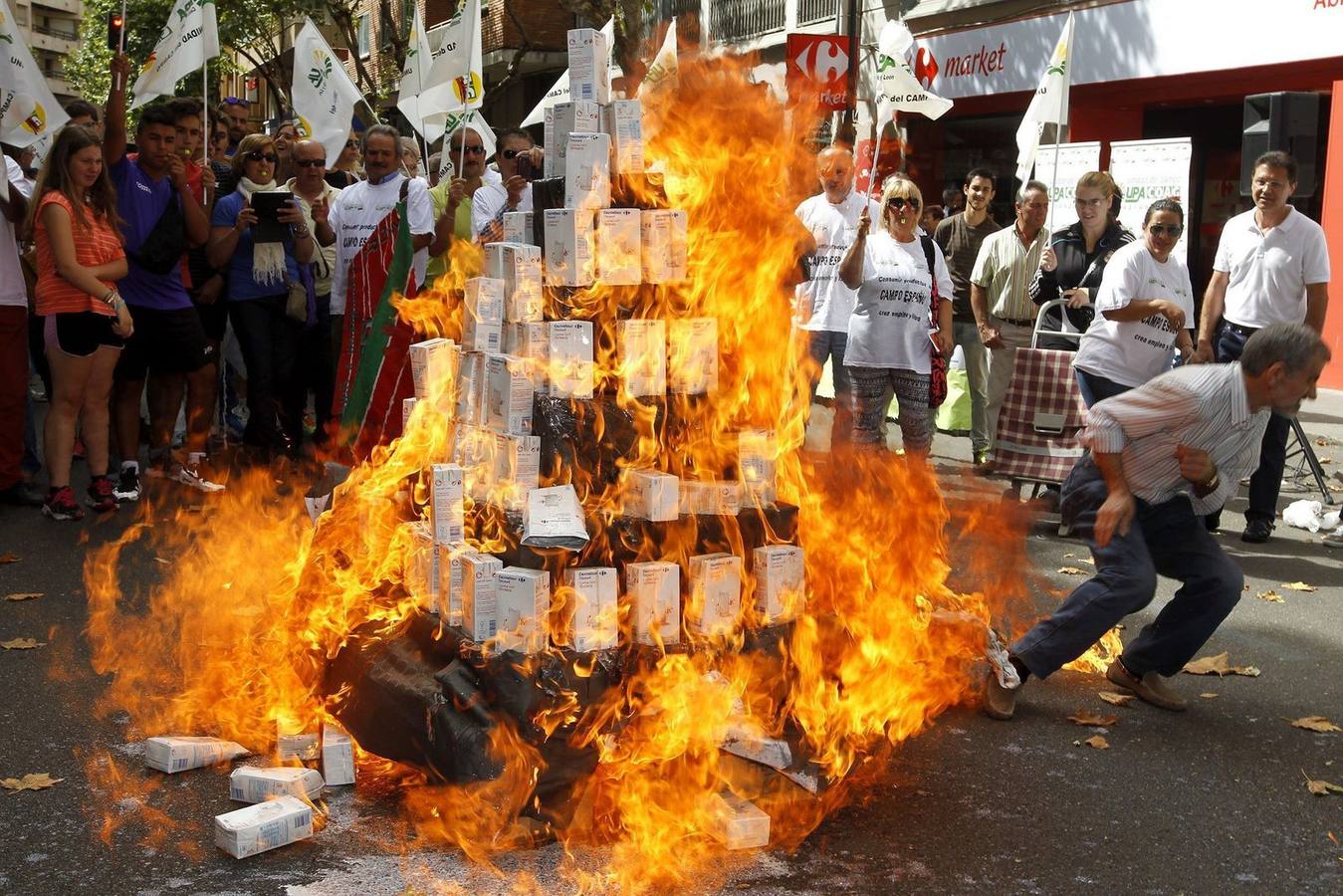 Ganaderos de las Organizaciones Agrarias Coag y UPA han quemado hoy leche de una cadena de distribución francesa a las puertas de un supermercado de Zamora.