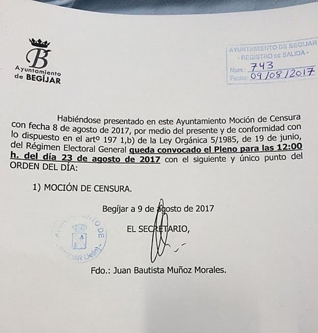 Documento de la convocatoria del pleno de la moción.