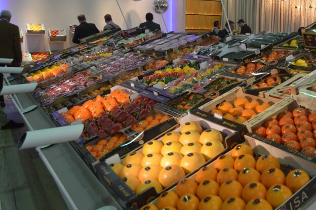Diversidad de fruta y hortalizas expuestas en un stand de un evento internacional hortofrutícola.