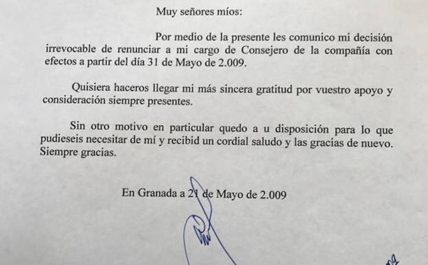 Rodríguez Ríos facilitó este documento privado en el que comunicó en 2009 su renuncia a los consejos de los que formaba parte por su antiguo cargo en Ucop.