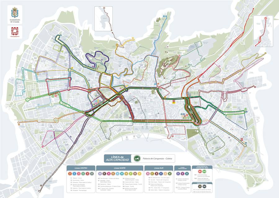 Plano de la red de autobuses de Granada tras la entrada en funcionamiento de la LAC