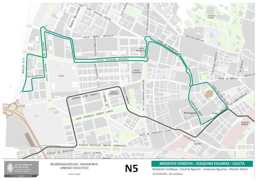 Aquí puede ver cómo quedan los planos de las líneas de autobús de Granada que no alteran su recorrido: U3, 111, 121, N5, N6, N7, N8, N9, U1, U2