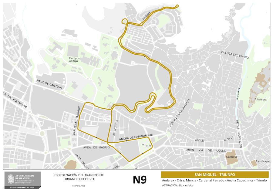 Aquí puede ver cómo quedan los planos de las líneas de autobús de Granada que no alteran su recorrido: U3, 111, 121, N5, N6, N7, N8, N9, U1, U2