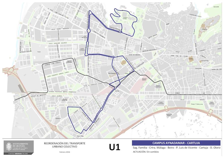 Aquí puede ver cómo quedan los planos de las líneas de autobús de Granada que no alteran su recorrido: U3, 111, 121, N5, N6, N7, N8, N9, U1, U2