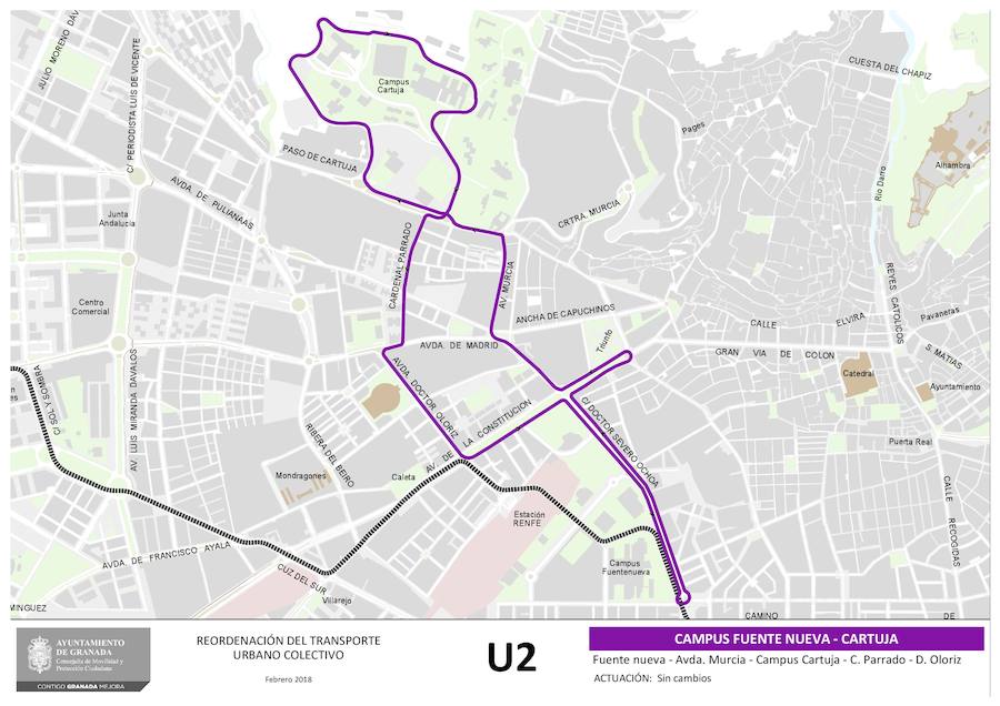 Aquí puede ver cómo quedan los planos de las líneas de autobús de Granada que no alteran su recorrido: U3, 111, 121, N5, N6, N7, N8, N9, U1, U2