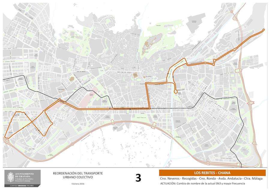 Estas son las 19 líneas que se verán afectadas o, incluso, creadas, con el nuevo mapa del transporte público en Granada. Los recorridos implicados corresponden a las líneas: N4, 3, 4, 5, 6, 11, 13, 21, C30, C31, C31, C33, C34, C35, N1, N3, S3, S0 y S2