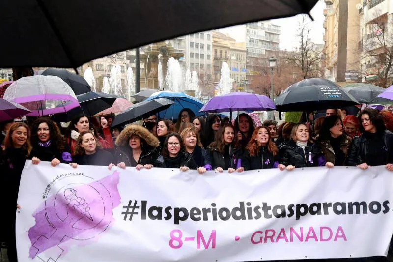 Un centenar de mujeres periodistas se han concentrado hoy en Granada para dar lectura a un manifiesto nacional suscrito por más de 7.000 profesionales del sector en el que denuncian situaciones que afectan a éste y otros colectivos como la precariedad, la inseguridad laboral o la brecha salarial. Durante la concentración, presidida por una pancarta con el lema 'Las periodistas paramos', han sido varias las profesionales que han dado lectura al escrito, entre ellas la periodista Rosa María Calaf 