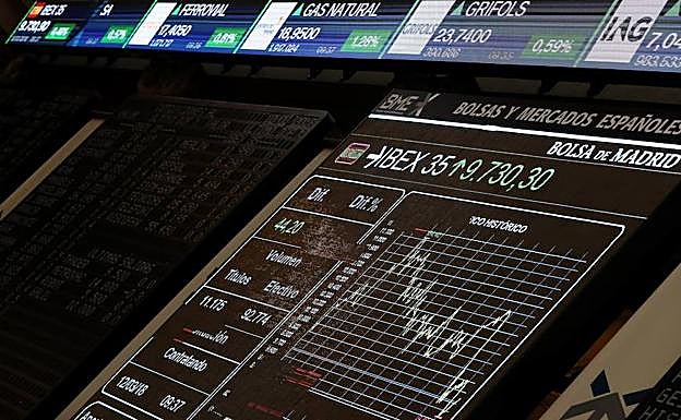 Pantalla en la sede de la Bolsa de Madrid. 