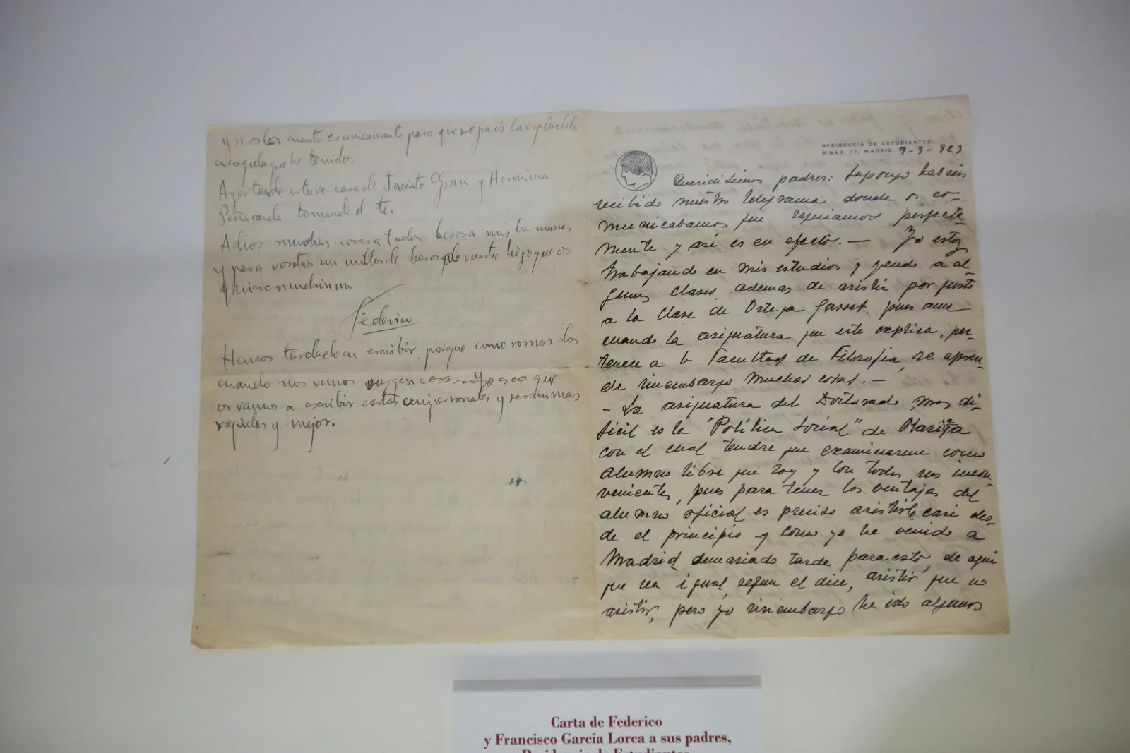 Carta de Federico y Francisco García Lorca a sus padres enviada el 9 de marzo de 1923 desde Madrid. Fundación Lorca.