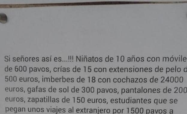 El cartel sobre «niñatos de 10 años con móviles de 600 pavos» que se ha hecho viral