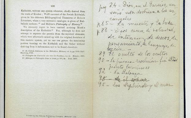 Una de las hojas manuscritas por Borges en 'The Kabbalah', de Christian Ginsburg. 