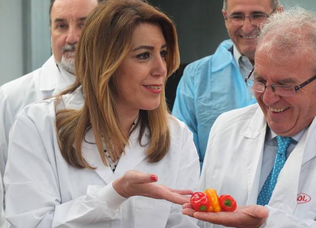 La presidenta de la Junta de Andalucía, Susana Díaz, bromea con el alcalde de Vícar, Antonio Bonilla, que había creado con pimientos una bandera de España. 