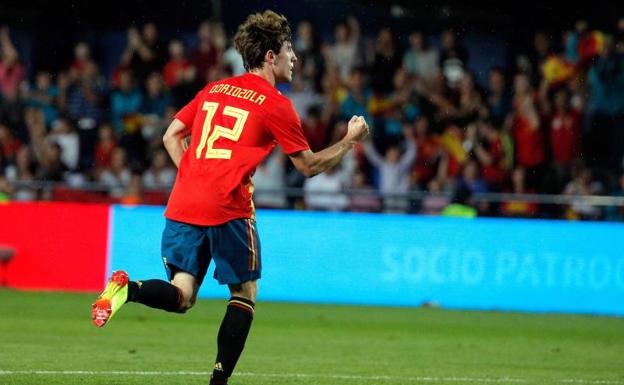 Odriozola celebrando su gol en el Estadio de la Cerámica